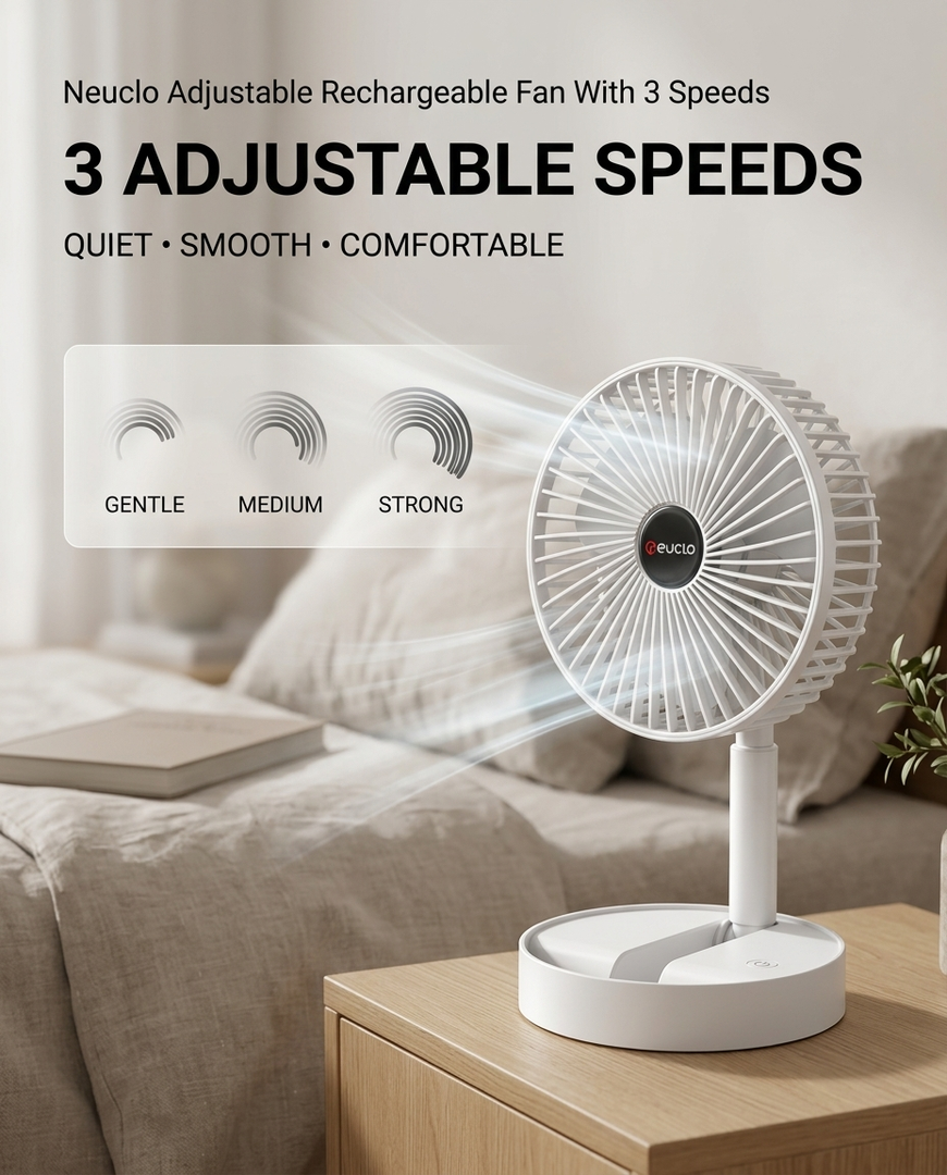 Neuclo Adjustable Rechargeable Fan With 3 Speeds