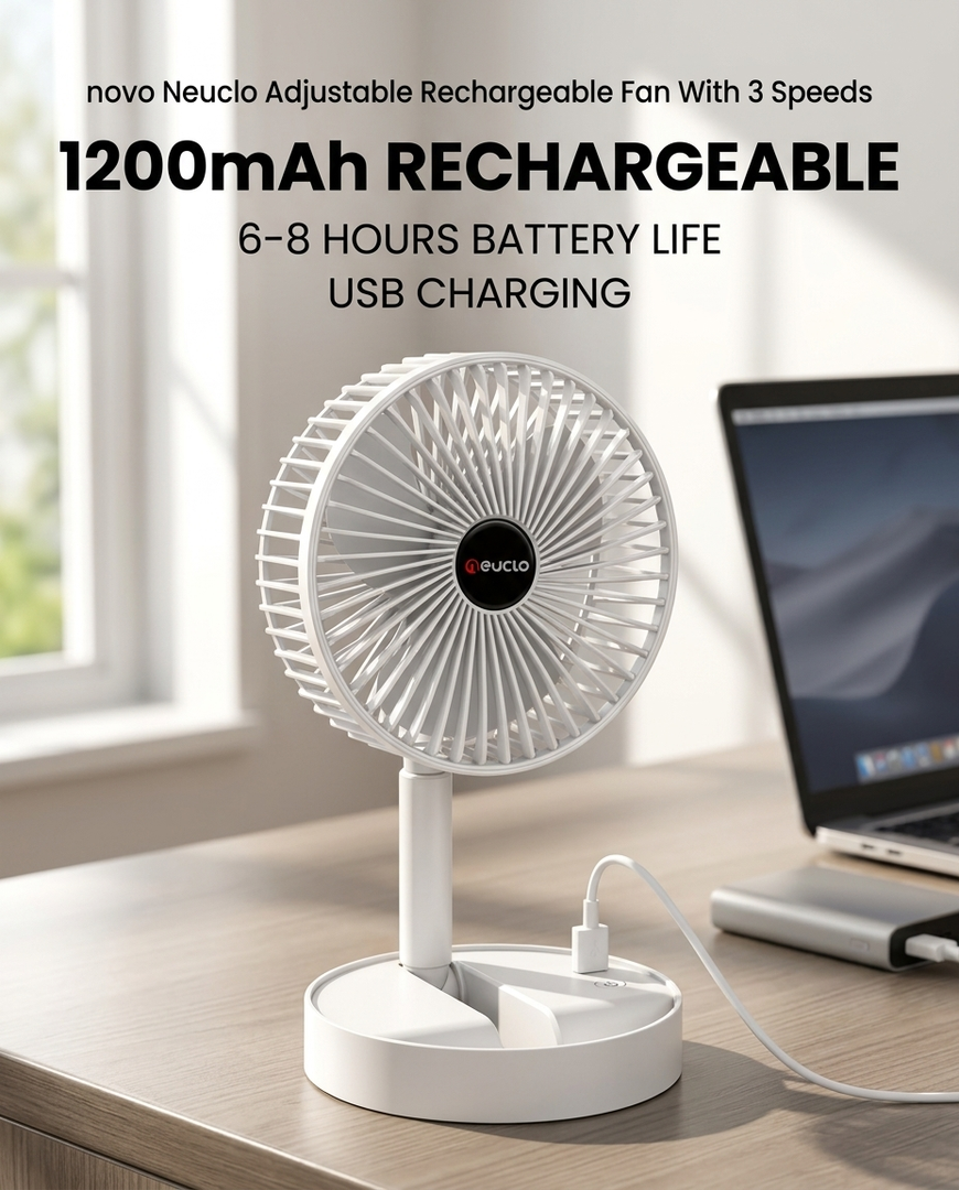 Neuclo Adjustable Rechargeable Fan With 3 Speeds