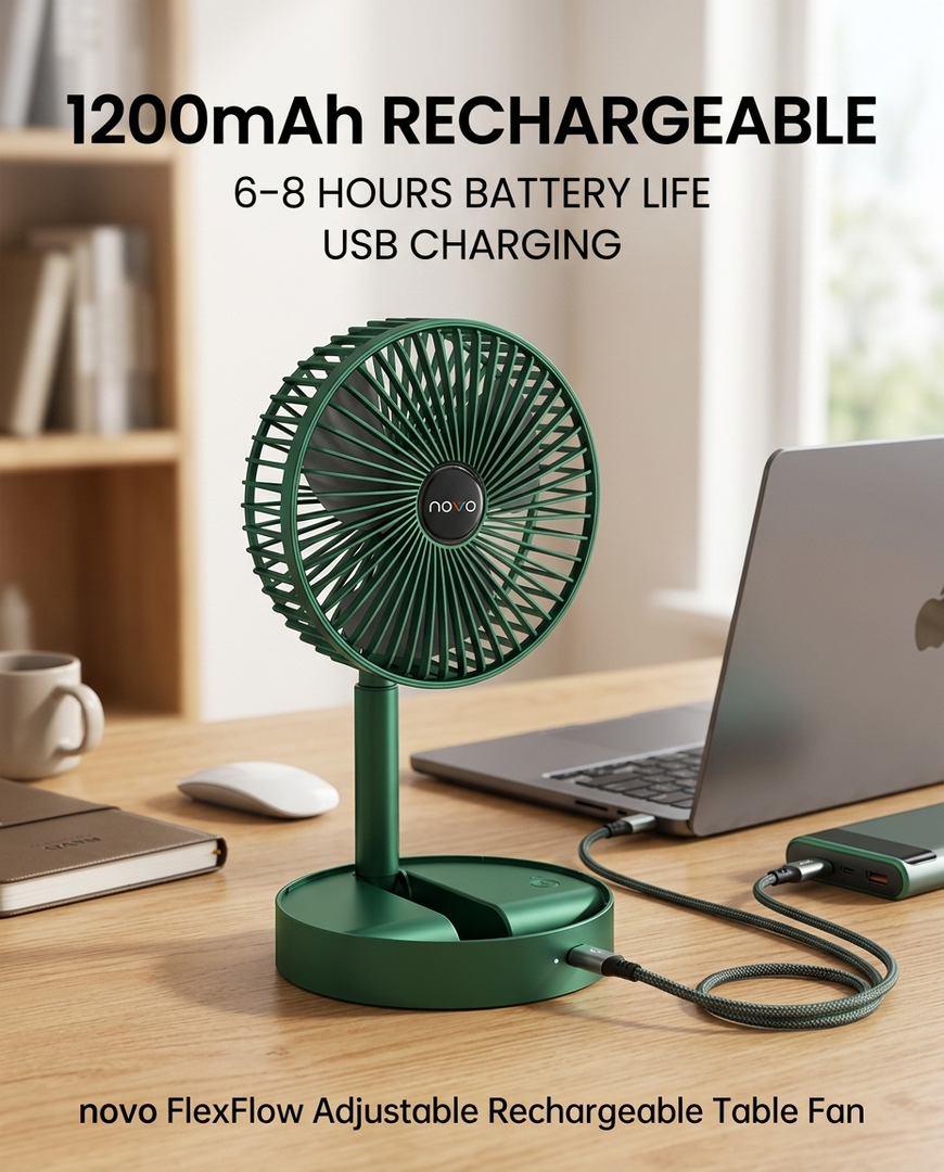 novo FlexFlow adjustable rechargeable table Fan