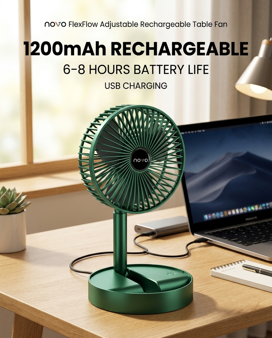 novo FlexFlow adjustable rechargeable table Fan