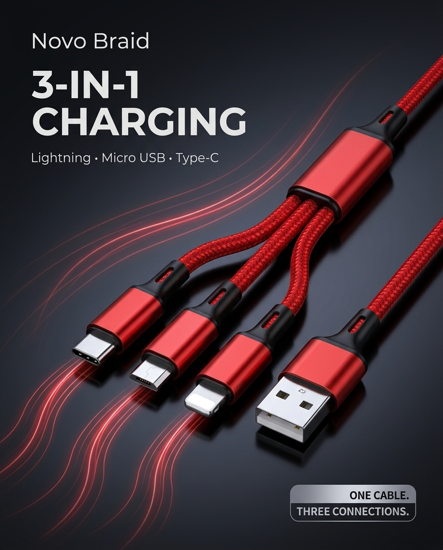Novo Braid USB Multi 3 in 1 Fast Charging Data USB Cable