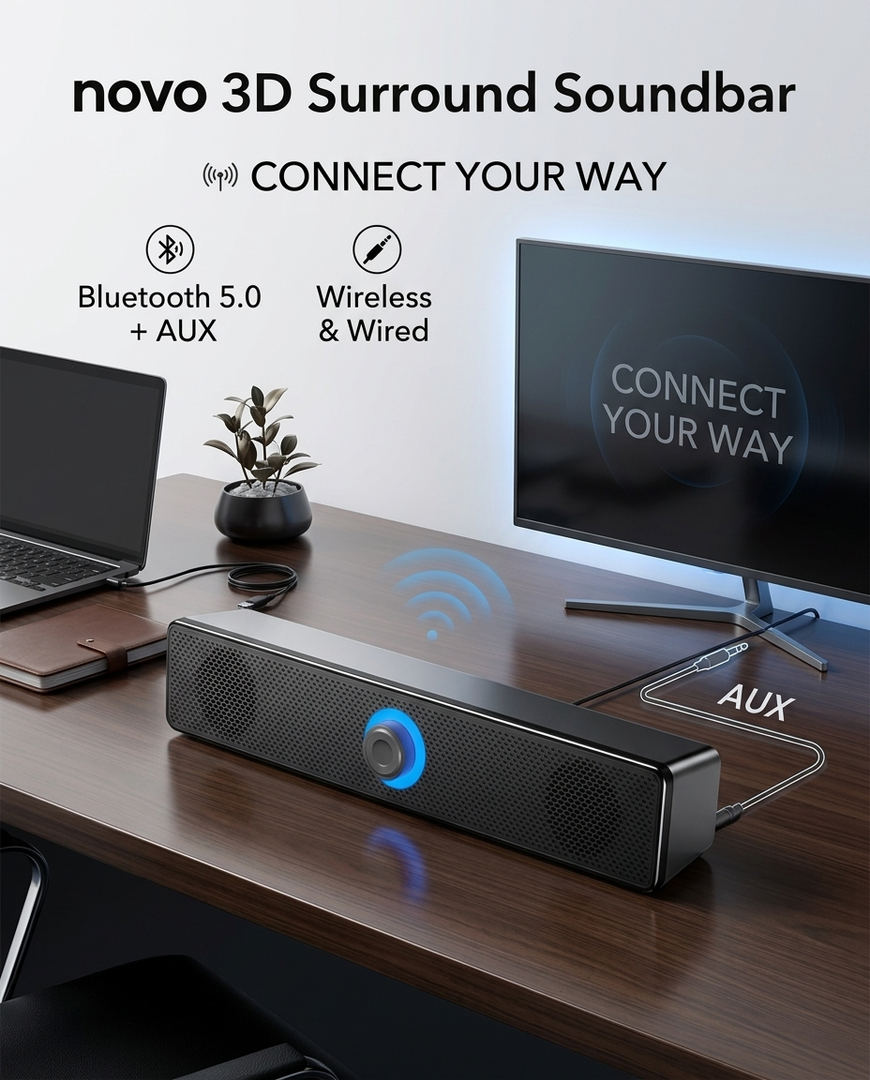 novo 3D Surround Soundbar BT 5.0 Wired Speakers