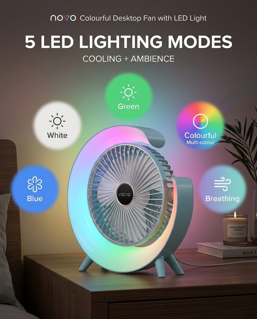 novo Colourful Desktop Fan with LED Light
