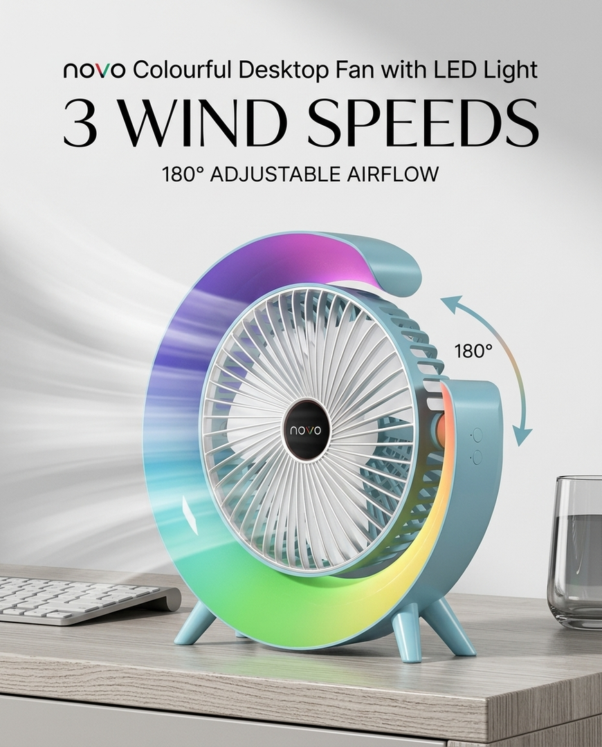 novo Colourful Desktop Fan with LED Light